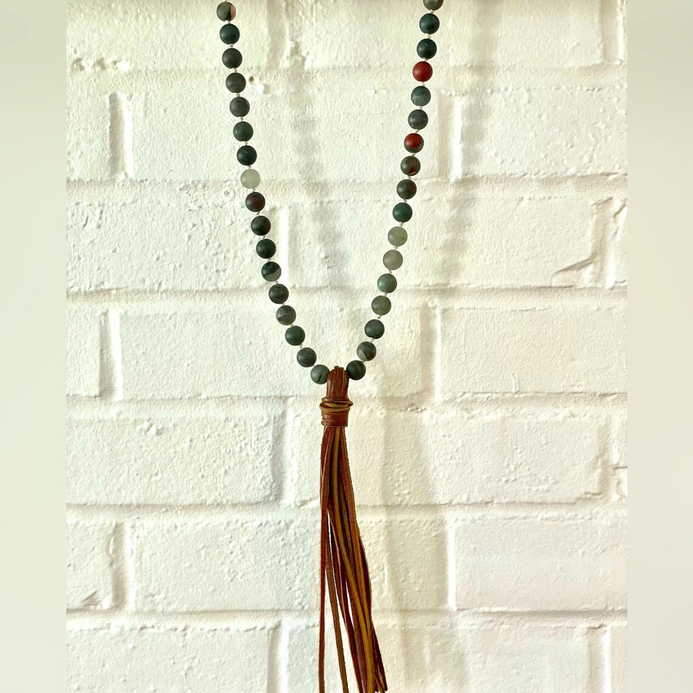 Hand knotted Natural Stone & Leather Tassel Necklace.  Handmade.